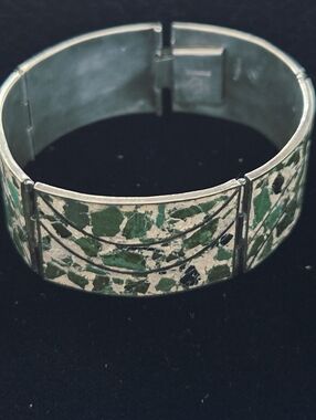 1940's Sterling Silver Taxco Green Mosaic Link Bracelet, Boc Clasp Modernist